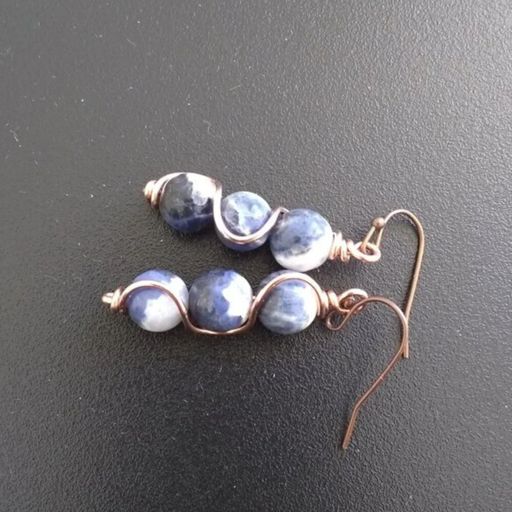 Handmade! Blue Sodalite w. Copper Wire Wave Wrap Dangle Earrings 4 Jeans Lovers